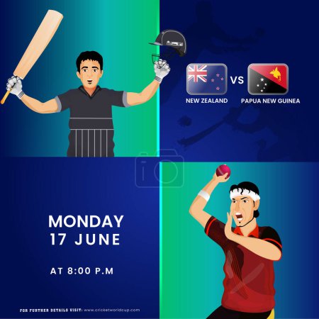 Ilustración de Partido de cricket T20 entre Nueva Zelanda vs Papúa Nueva Guinea equipo con jugador de bateo, personajes de jugador de bolos en Jersey Nacional. - Imagen libre de derechos