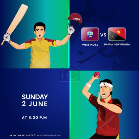 Téléchargez les illustrations : T20 Cricket Match entre West Indies VS Papouasie-Nouvelle-Guinée équipe avec batteur, Bowler personnage dans le maillot national. Publicité Poster Design. - en licence libre de droit