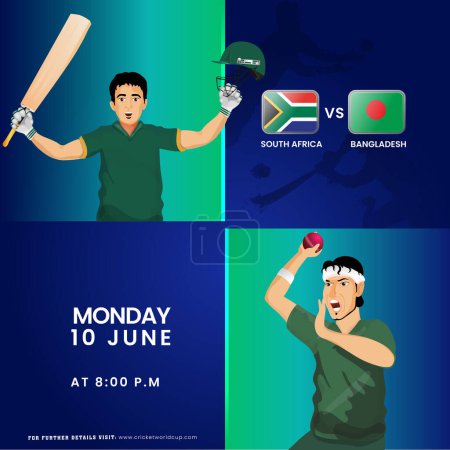 Ilustración de T20 Cricket Match Between South Africa VS Bangladesh Team with Batter Player, Bowler Character in National Jersey (en inglés). Diseño de póster publicitario. - Imagen libre de derechos