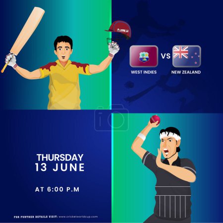 T20 Cricket Match zwischen West Indies und Neuseeland Team mit Batter Player, Bowler Charaktere im Nationaltrikot.