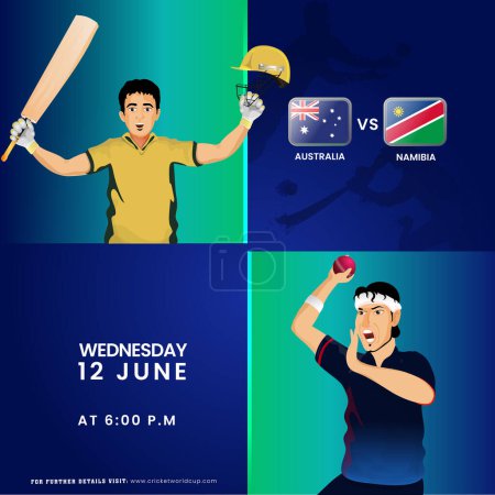 Ilustración de Partido de cricket T20 entre Australia vs Namibia Team con jugador de bateo, personajes de jugador de bolos en Jersey Nacional. - Imagen libre de derechos