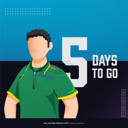 Partido de cricket T20 para comenzar a partir de 5 días izquierda basado en el diseño del póster con el personaje jugador de cricket de Sudáfrica en jersey nacional.