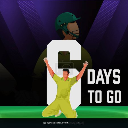 Ilustración de El partido de cricket T20 comenzará a partir de los 6 días restantes, basado en el diseño del póster con el personaje del jugador de bolos de Australia en la pose ganadora en el estadio. - Imagen libre de derechos