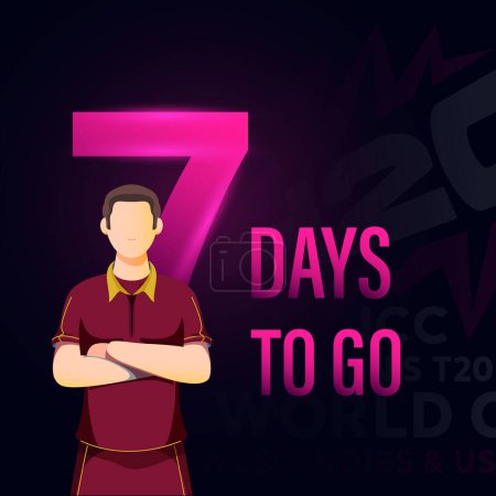 ICC Men 's T20 World Cup Cricket Match beginnt in 7 Tagen mit links basierendem Poster-Design mit Cricketspieler-Charakter auf dunklem Hintergrund.