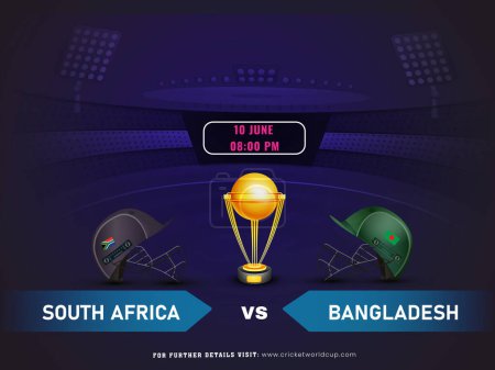 Match de cricket de Coupe du monde T20 masculin ICC entre l'équipe sud-africaine VS Bangladesh et le trophée des champions d'or, design d'affiche publicitaire.