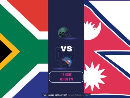 T20 World Cup Cricket Match zwischen Südafrika und Nepal Team Poster im Design der Nationalflagge.