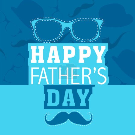 Foto de Tarjeta de felicitación de la celebración del día del padre feliz con gafas, bigote sobre fondo azul. - Imagen libre de derechos