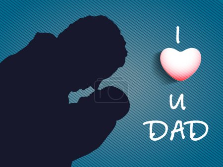 Ilustración de I Love You Dad Texto con corazón rosa, Silueta Papá sosteniendo a su bebé en el fondo azul para el concepto del día del padre feliz. - Imagen libre de derechos