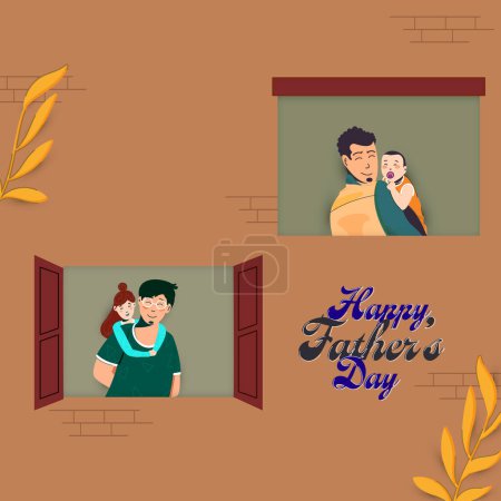 Ilustración de Tarjeta de felicitación del día del padre feliz, dos imágenes de papá con el bebé sobre fondo marrón. - Imagen libre de derechos