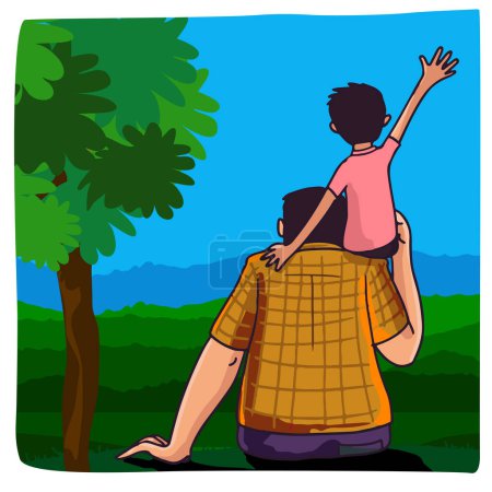 Ilustración de Back View Hijo sentado en el hombro de su padre frente al jardín verde, feliz concepto del día del padre. - Imagen libre de derechos