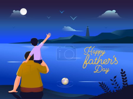Ilustración de Hijo sentado en el hombro de su padre frente a la hermosa escena de la playa en la noche de la luna, feliz concepto del día del padre. - Imagen libre de derechos