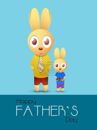 Ilustración de Tarjeta de felicitación del día del padre feliz con el papá del conejo de la historieta y su bebé (conejito) en fondo azul. - Imagen libre de derechos