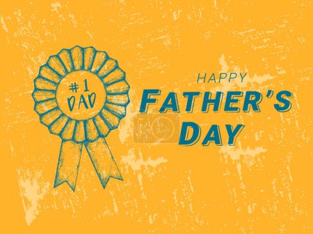 Ilustración de Tarjeta de felicitación del día del padre feliz con cinta de insignia de estilo Doodle sobre fondo grunge amarillo. - Imagen libre de derechos