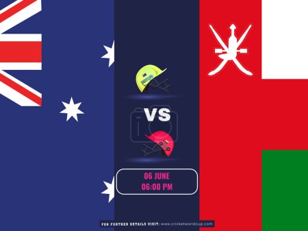 Ilustración de Cartel del equipo de Cricket entre Australia vs Omán en el diseño de la bandera nacional. - Imagen libre de derechos
