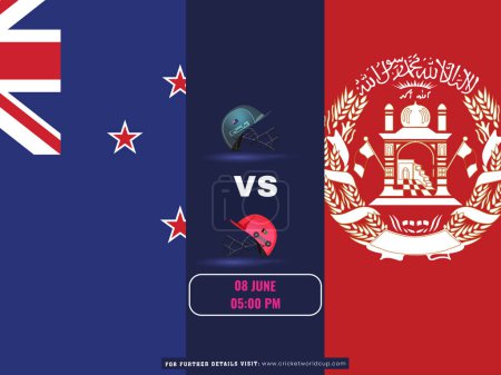 Ilustración de Partido de cricket entre Nueva Zelanda VS Afganistán Cartel del equipo en el diseño de la bandera nacional. - Imagen libre de derechos