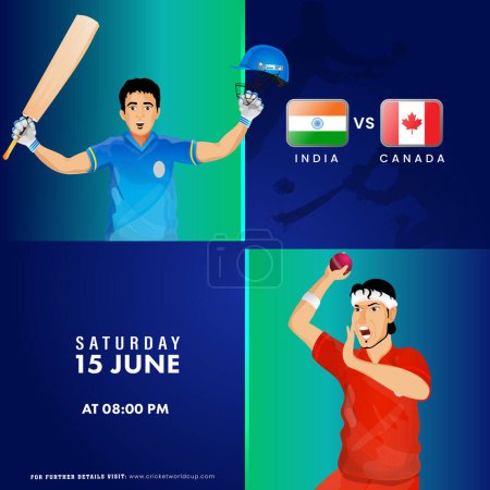 T20 Match de cricket entre India VS Canada et les joueurs de cricket personnages sur fond de dégradé bleu.