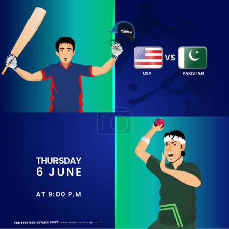 Téléchargez les illustrations : T20 match de cricket entre l'équipe des États-Unis VS Pakistan avec batteur, personnages Bowler dans le maillot national. - en licence libre de droit