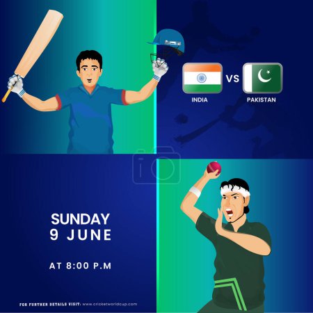 T20 Cricket Match Between India VS Pakistan Team with Batter Player, Bowler Character in National Jersey (en inglés). Diseño de póster publicitario.