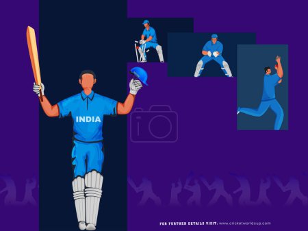 Diseño de póster de partido de cricket T20 con el equipo de jugadores de cricket de la India en diferentes posiciones sobre fondo púrpura.