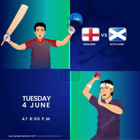 T20 Cricket Match Between England VS Scotland Team with Batter Player, Bowler Characters in National Jersey.