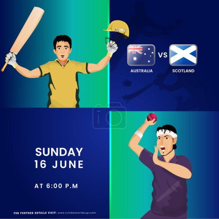 T20 Cricket Match zwischen Australien und Schottland Team mit Batter Player, Bowler Charakter im Nationaltrikot. Werbeplakatgestaltung.
