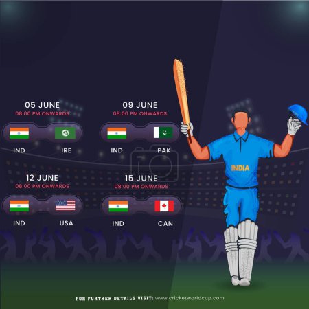 Ilustración de T20 Cricket Match Calendario de accesorios de la India con el personaje del jugador de bateo indio en el estadio, Diseño de póster de medios sociales. - Imagen libre de derechos