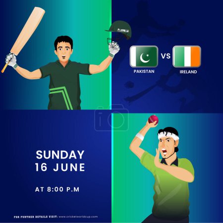 T20 Cricket Match zwischen Pakistan und Irland Team mit Batter Player, Bowler Charakter im Nationaltrikot. Werbeplakatgestaltung.