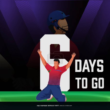 T20 Cricket-Spiel ab 6 Tage links basiert Poster-Design mit England Bowler Spieler Charakter in Siegerpose auf dem Stadion beginnen.