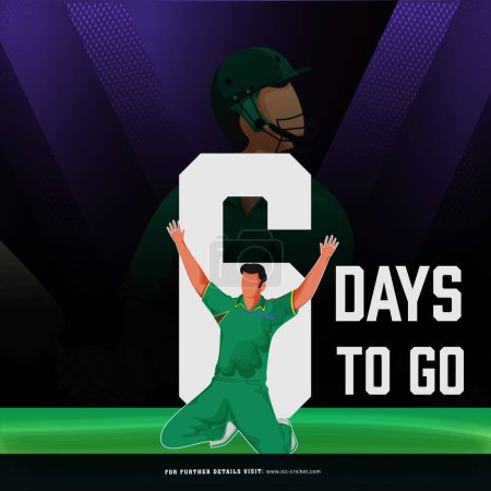 T20 match de cricket pour commencer à partir de 6 jours conception d'affiche basée sur gauche avec l'Afrique du Sud joueur de bowler personnage dans la pose gagnante sur le stade.