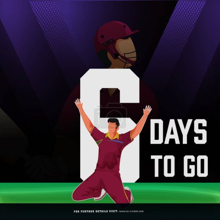 T20 Cricket-Spiel ab 6 Tage links basiert Poster-Design mit Bowler-Spieler Charakter in Siegerpose auf dem Stadion beginnen.