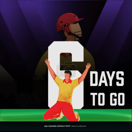 Ilustración de Partido de cricket T20 para comenzar a partir de 6 días izquierda basado en el diseño del póster con el jugador de bolos de las Indias Occidentales personaje en pose ganadora en el estadio. - Imagen libre de derechos