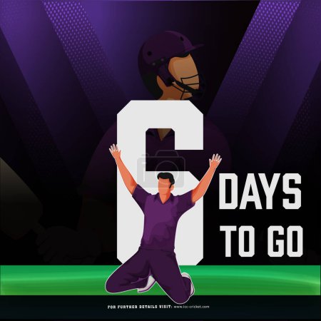 T20 Cricket-Spiel, das von 6 Tagen links basiert Plakatentwurf mit Schottland Bowler Spieler Charakter in Siegerpose auf Stadion beginnen.
