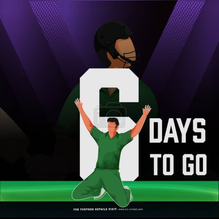 T20 Cricket-Spiel, das von 6 Tagen links basiert Plakatentwurf mit Pakistan Bowler Spieler Charakter in Siegerpose auf Stadion beginnen.