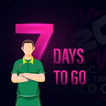 Cricket-Match beginnt in 7 Tagen mit links basierendem Poster-Design mit südafrikanischem Cricketspieler-Charakter auf dunklem Hintergrund.