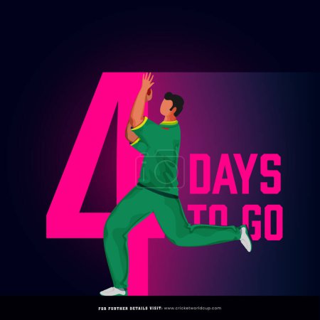 Partido de cricket T20 para comenzar a partir de 4 días izquierda basado en el diseño del póster con el jugador de bolos de Sudáfrica personaje en pose de acción.