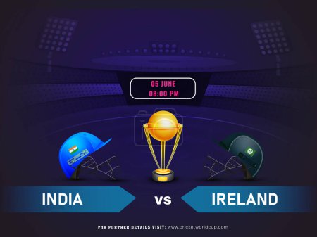 Ilustración de Partido de cricket entre el equipo India VS Ireland el 5 de junio y el trofeo Gold Champions, diseño de póster publicitario. - Imagen libre de derechos