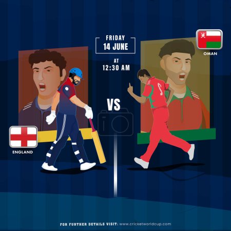 Cricket-Match zwischen England und Oman Spieler-Team, Werbeplakat-Design.