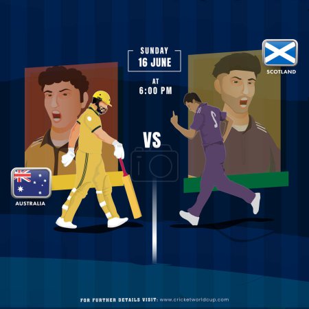 Ilustración de Partido de cricket entre Australia VS Escocia Jugador Equipo, Diseño de póster de publicidad. - Imagen libre de derechos
