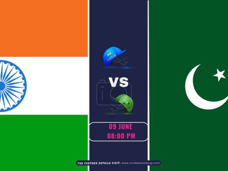 T20 Cricket Match zwischen Indien und Pakistan am 9. Juni, Social Media Poster Design in Nationalflaggenfarbe.