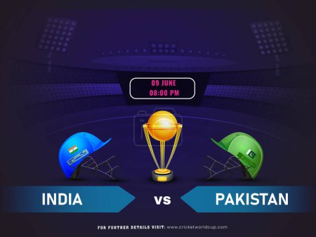 Ilustración de T20 Cricket Championship Poster Design con trofeo de ganador de oro, casco de cricket partido entre la India VS equipo de Pakistán. - Imagen libre de derechos