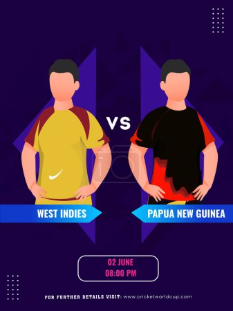 Ilustración de Partido de cricket entre las Indias Occidentales vs Papúa Nueva Guinea equipo con sus personajes capitán, Diseño de póster de medios sociales. - Imagen libre de derechos