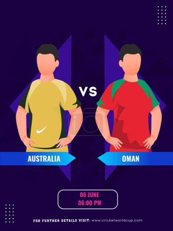 Foto de Partido de cricket entre Australia vs Omán equipo con sus personajes capitán, Diseño de póster de medios sociales. - Imagen libre de derechos