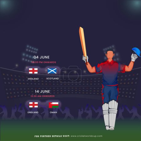 Cricket Match England fixiert Spielplan mit Batsman Player Charakter in Siegerpose, Social Media Poster Design.