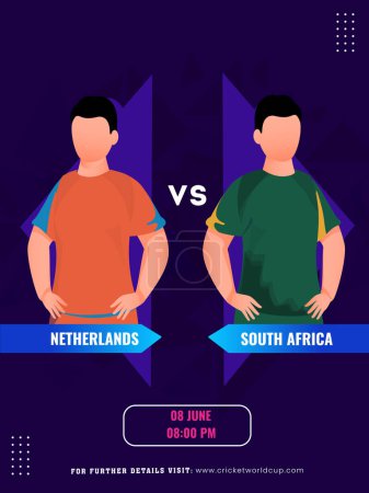 Ilustración de Partido de cricket entre Holanda VS Sudáfrica equipo con sus personajes capitán, Diseño de póster de medios sociales. - Imagen libre de derechos