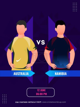 Cricket-Match zwischen Australien und Namibia Team mit ihren Kapitän-Charakteren, Social Media Poster Design.