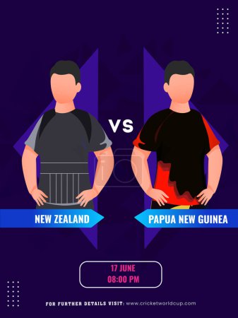 Téléchargez les illustrations : Match de cricket entre l'équipe néo-zélandaise VS Papouasie-Nouvelle-Guinée et leur capitaine personnages, Conception d'affiches sur les médias sociaux. - en licence libre de droit