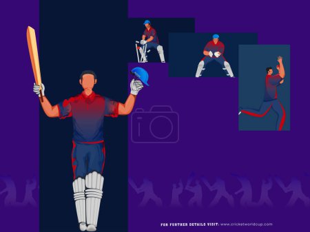 Cricket Match Poster Design mit England Cricketer Player Team in verschiedenen Posen.