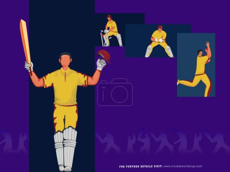 Cricket Match Poster Design mit West Indies Cricketer Spieler Team in verschiedenen Posen.
