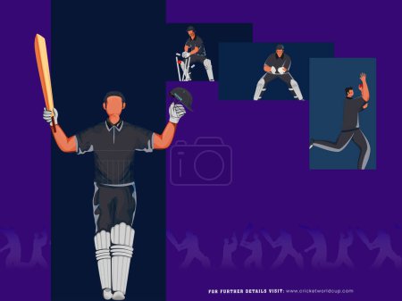 Diseño de póster de partido de críquet con equipo de jugador de críquet de Nueva Zelanda en diferentes posiciones.