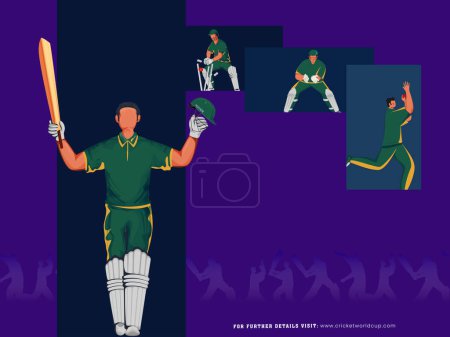Cricket Match Poster Design mit dem südafrikanischen Cricketspieler-Team in verschiedenen Posen.